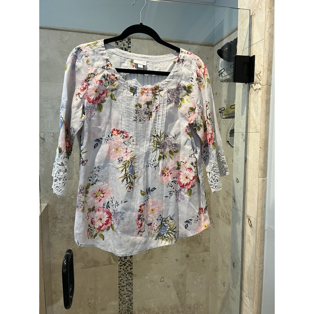 J. Jill Love Linen Floral Tunic Blouse Gray Pink Petite S 3/4 Lace Sleeve